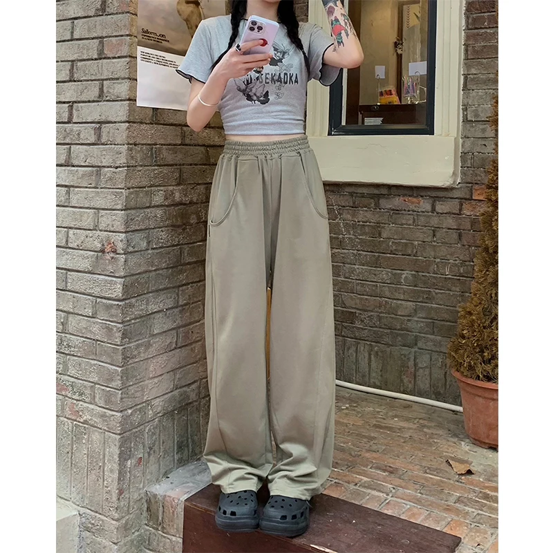 

Брюки спортивные женские с завышенной талией, винтажные Прямые повседневные уличные тонкие мешковатые брюки с широкими штанинами, хаки, лето