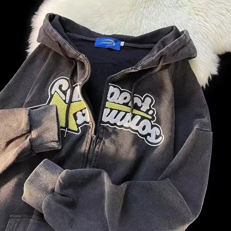

NEW IN Vintage Retro Streetwear Letter Flocking Zip Up Hoodie Sweatshirt Hoodies Men and women Grunge Punk Hooded Y2k Clothes