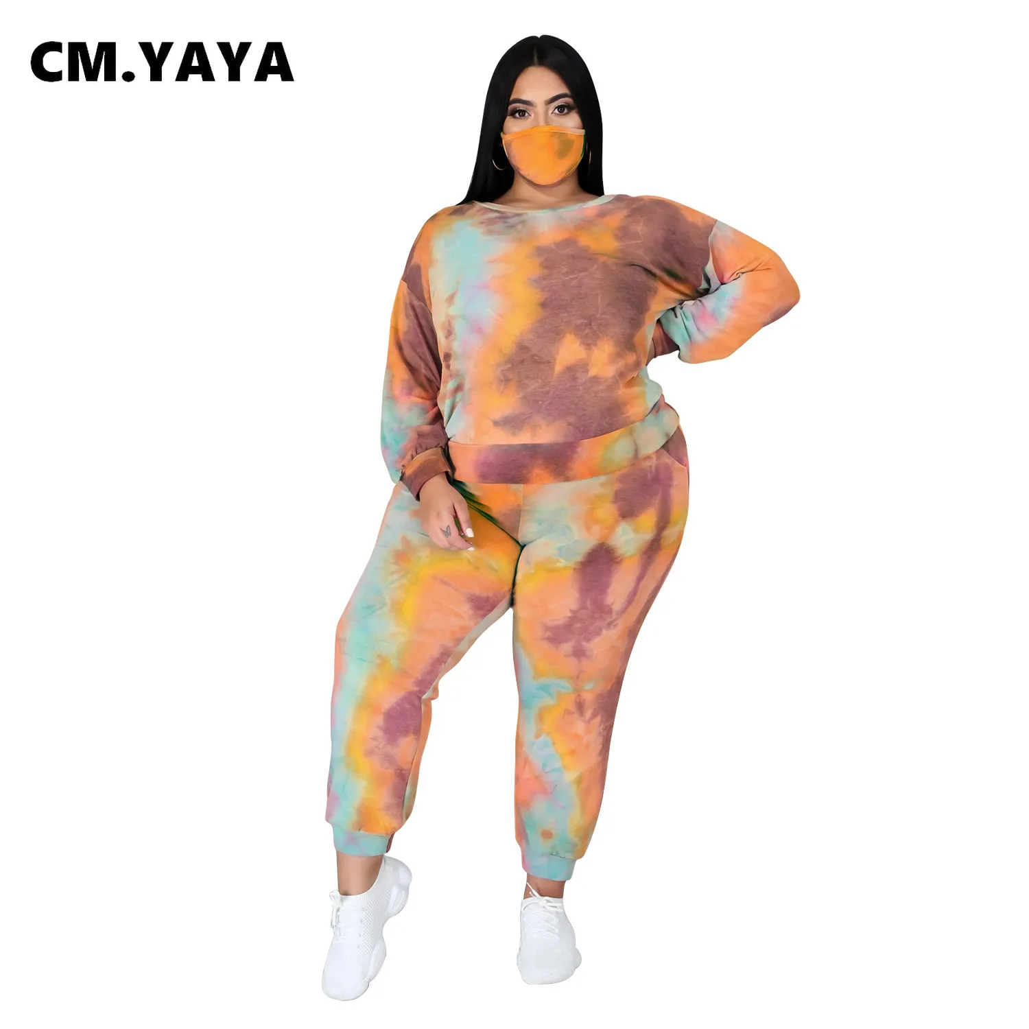 

CM.YAYA Plus Size XL-5XL Tie Dye Print Strings Women Set Sweatshirt Pants Matching Set Tracksuit Fitness Two 2 Piece Set Outfit