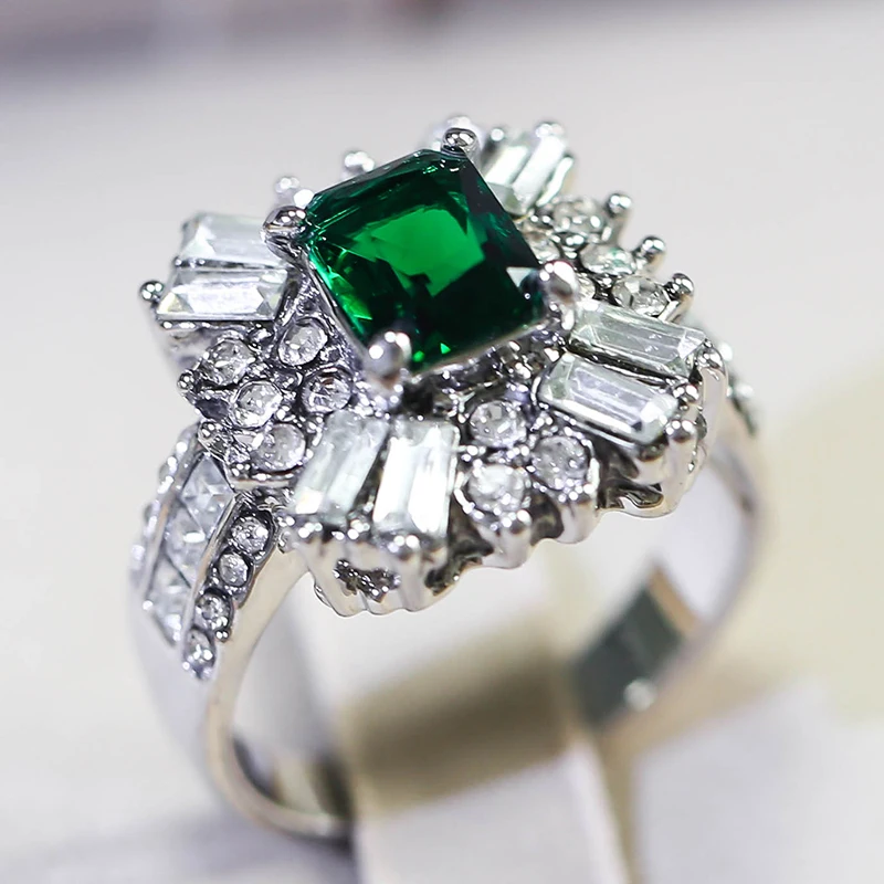 Роскошные квадратные зеленые стеклянные заполненные кольца для женщин