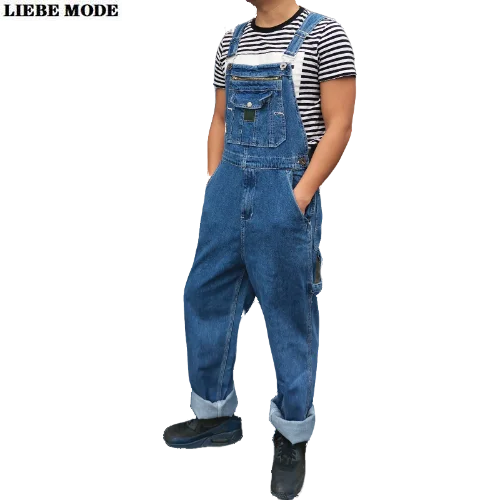 Men's Loose Denim Bib Overalls Cargo Jeans Men Streetwear Work Romper Jumpsuit Strap Suspender Baggy Denim Pants Plus Size 44 46