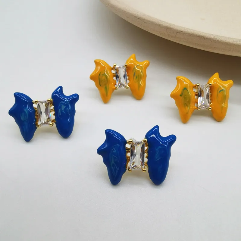 

Klein blue bow zircon earrings female earrings candy crystal summer new butterfly earrings