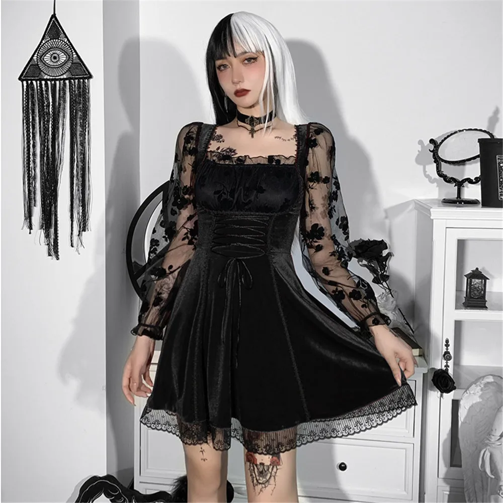 

Vintage Sexy Velvet Goth Dress Y2K Grunge Lace Mesh Mini Short Dress Harajuku Partywear Patchwork Color Block Long Sleeve Black