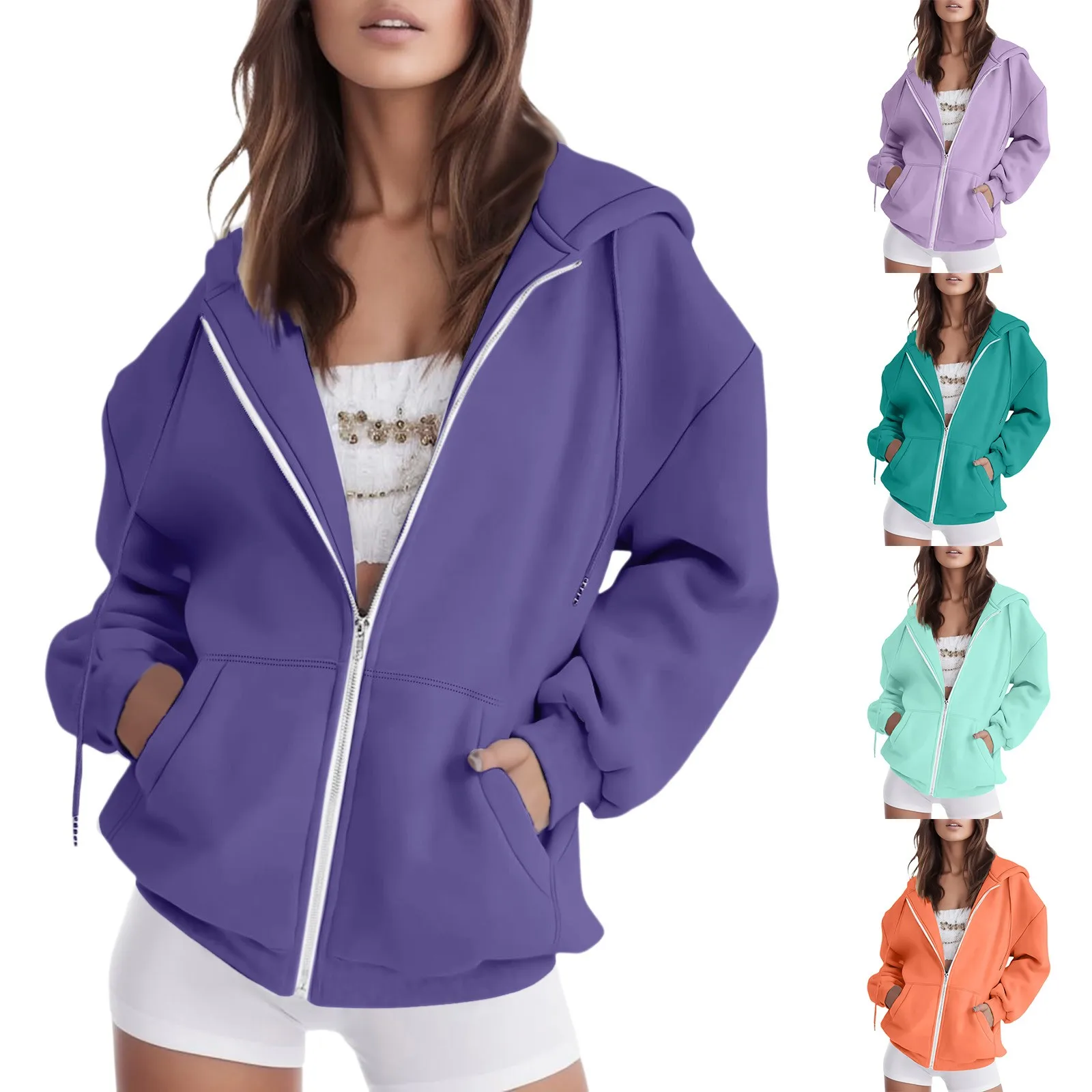 

Womens Casual Solid Long Sleeve Zipper Hooded Coat Pocket Sweatshirt Tops Hoodies Woman