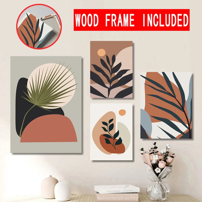 

Boho Leaf Poster With Frame Abstract Line Canvas Painting Plant Flower Wall Art Prints Picture For Living Room Decoration