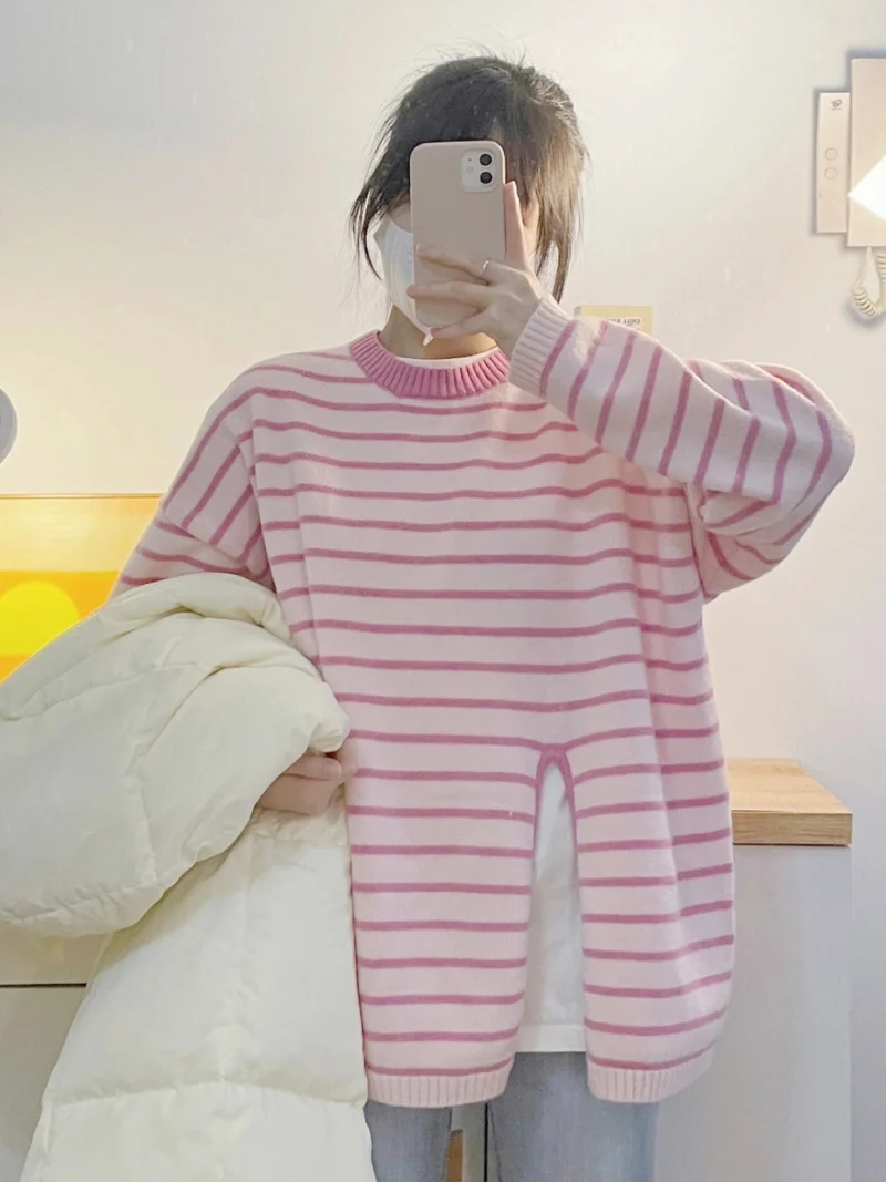 

WDMSNA Solid Color Split Stripe Sweater Women Autumn Korean Sweet Loose Pullover Outer Wear Round Neck Sueter Mujer Knitted Top