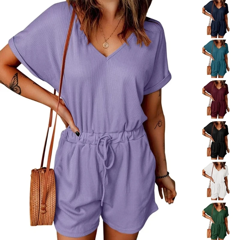 

F42F Women Casual Loose Drawstring Waist Ribbed Jumpsuits Batwing Short Sleeve Solid Color Short Pant Romper with Pockets