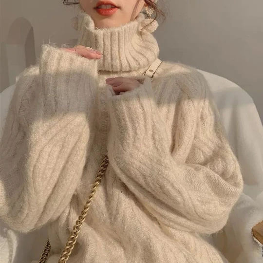 

Beige Women Turtleneck Lady Pullover Woman Sweaters High Collar Neck Tops Loose Women's Sweater Winter Clothes Girl Coat Suéter