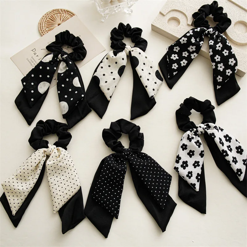 

Black Series Bow Scrunchies Dots Floral Elastic Hair Bands Girls Hair Ties Long Ribbon Ponytail Holder Sweet Headwear Hair Ropes