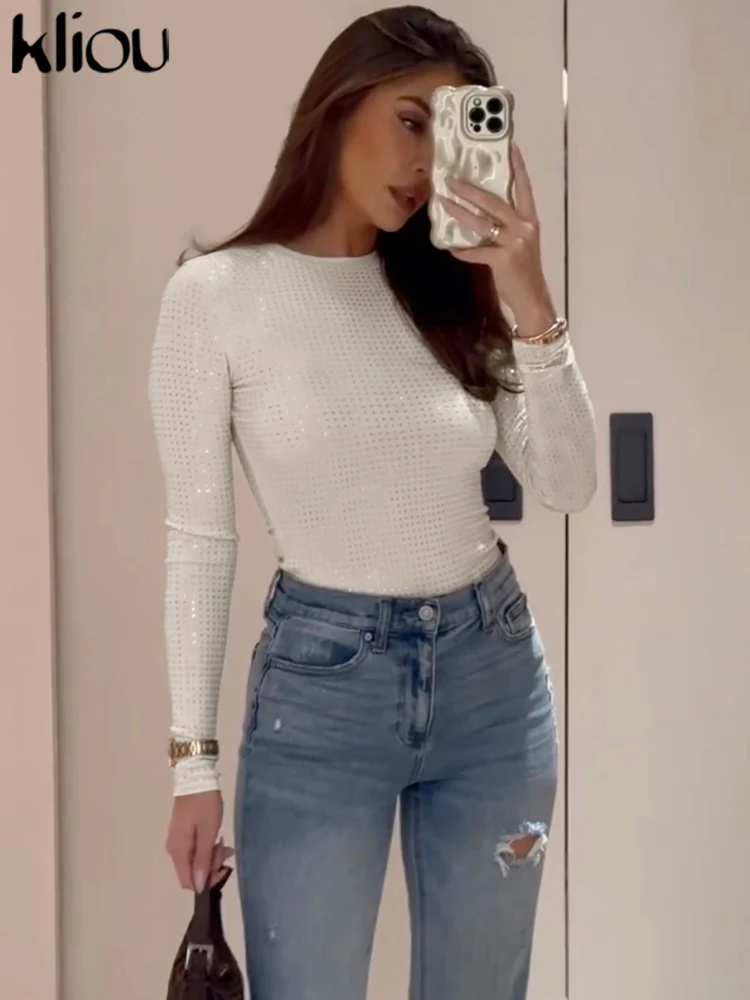 Kliou/Классические Лоскутные женские футболки с пайетками Повседневные