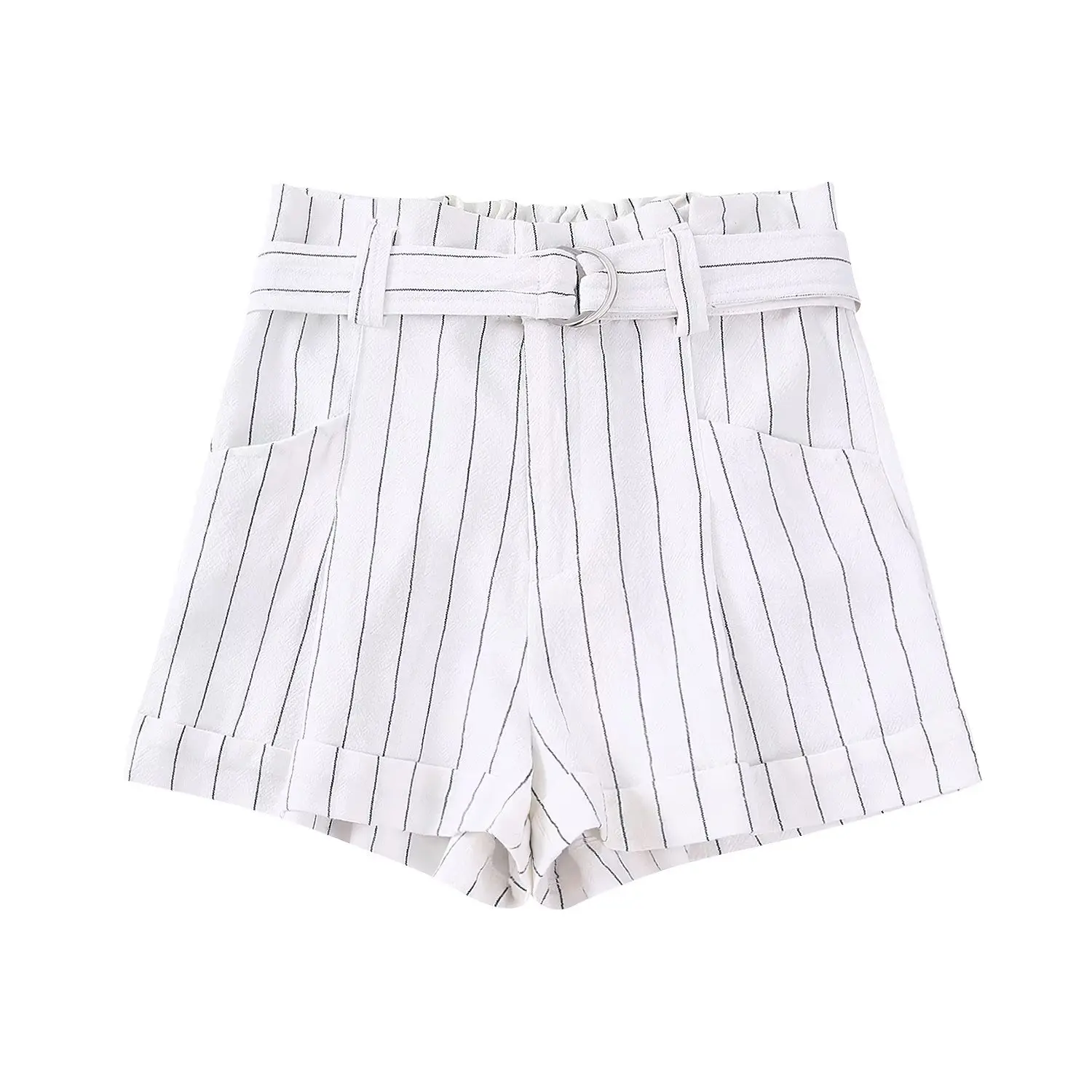 

2022 Women Fashion Front Pockets Tweed With Belt Shorts Vintage High Waist Zipper Fly Female Short Pants Mujer