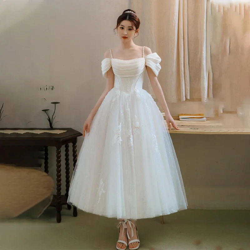 

New Arrival Pleat A-Line Short Sleeves Lace Up Appliques Tulle Ankle-Length Formal Dress White Boat Neck Dress Woman Party A2731