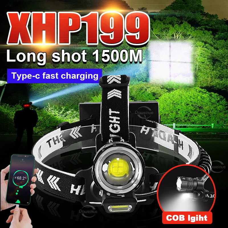 

XHP199 Светодиодный перезаряжаемый налобный фонарь Мощный яркий 4 режима COB налобный фонарик Мощный налобный фонарь Масштабируемый налобный фонарь для рыбалки