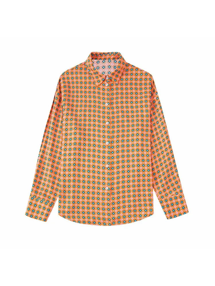 

DYLQFS 2022 Women New Fashion Geometric Print Blouse Vintage Long Sleeve Single Breasted Lapel Female Chic Shirt
