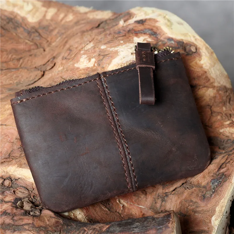 Vintage natural organizer genuine leather small coin purse simple luxury crazy horse cowhide men's women's card holder wallet