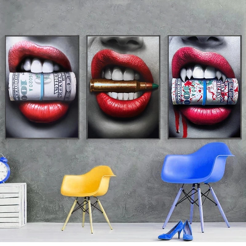 

Sexy Red Lips Bite Bullet and Money Wall Art Prints Posters Modern Canvas Painting Picture for Living Room Bedroom Decoration