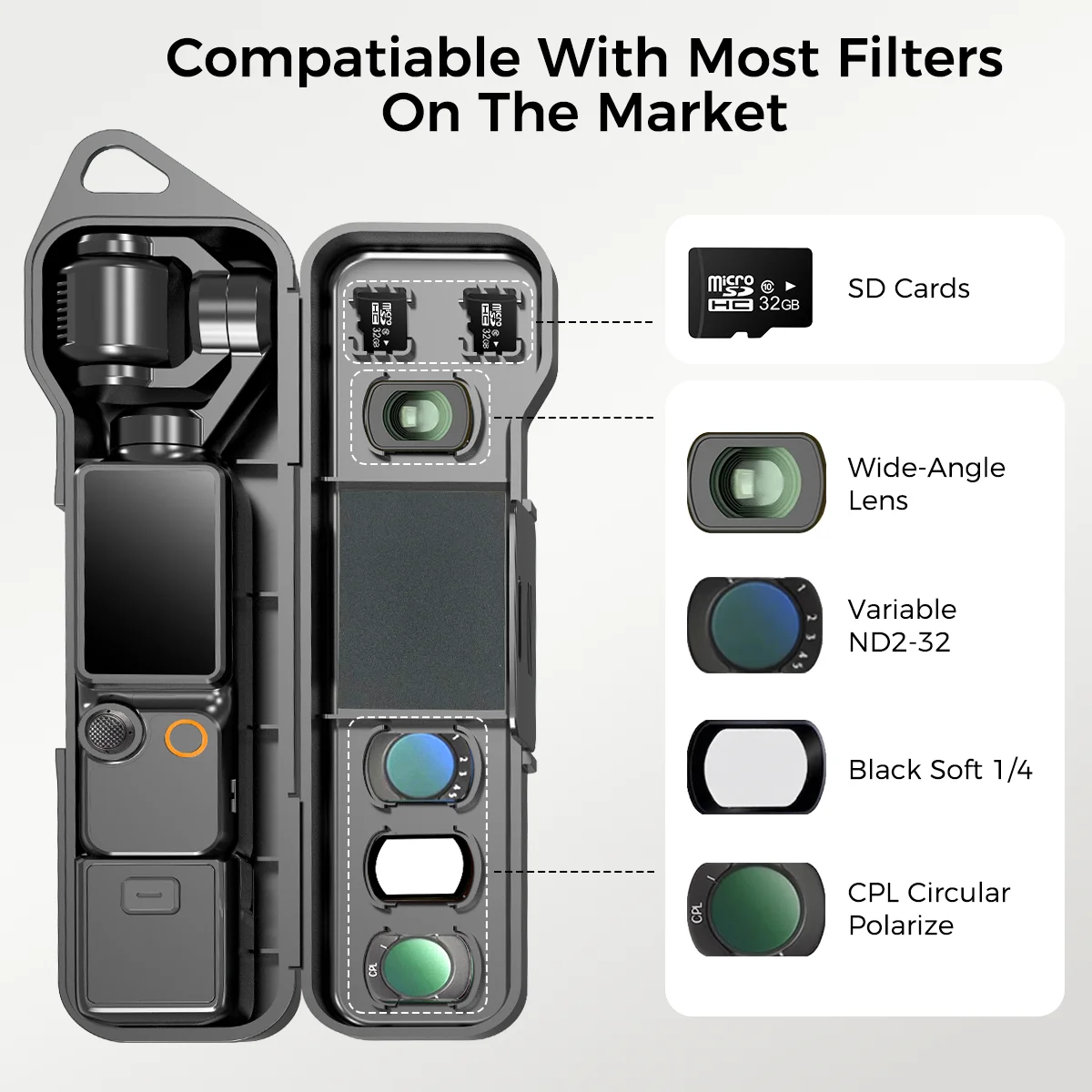 Фото Универсальный жесткий чехол для DJI Osmo Pocket 3 и Pocket 4 с защитной пленкой и магнитными слотами для фильтров, портативный кейс для переноски №2