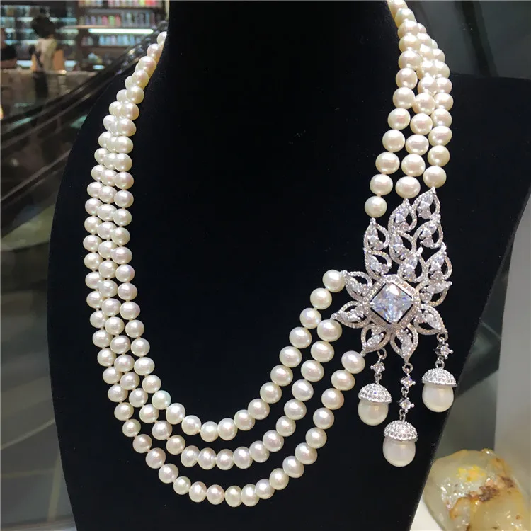 Hand knotted natural 7-8mm white nearl round fresh water pearl temperament micro inlay zircon necklace fashion jewelry