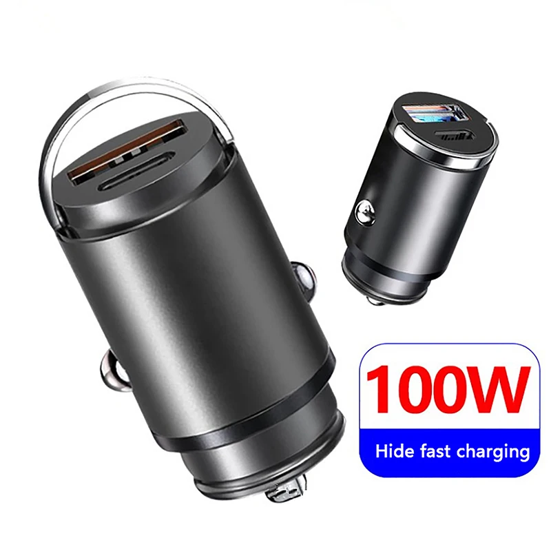 

100W Car USB Charger Super Charge USB-A USB-C Cigarette Lighter Adapter Hidden Phone Charger For IPhone Huawei Samsung