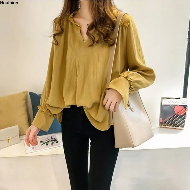 

Summer Long Sleeved Women's Blouse New Fashion Casual Shirt V-neck Loose Chiffon Top Spring Korean Style Female Clothing