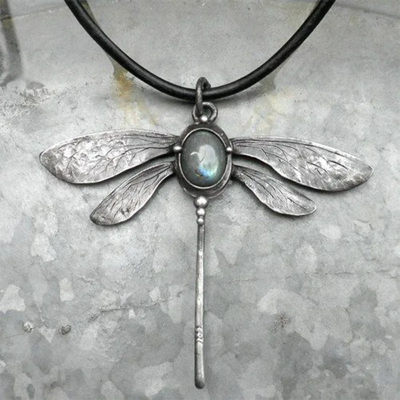 Vintage Insect Dragonfly Moonstone Necklace for Women Girl Charm Leather Rope Choker Necklaces Hiphop Accessories