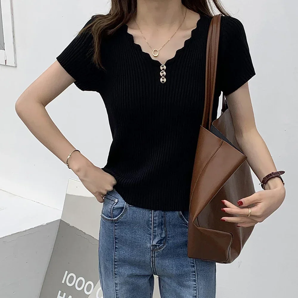 Повседневная однотонная рубашка с короткими рукавами вязаная футболка S-2XL