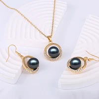 2022 korea geometry smooth black pearl pendant necklace earrings sets for women new fashion ladys jewelry set gift wholesale
