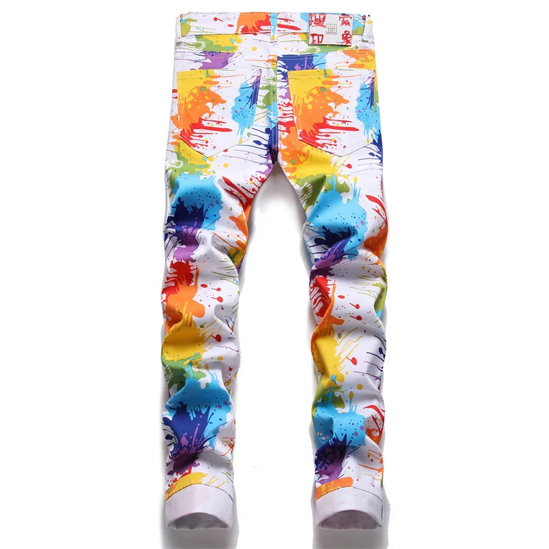 Fashion Men White Colorful Print Hip Hop Jeans 2023Spring Mens Slim Fit Denim Pants Streetwear Harajuku Jean Trousers Jean Blanc