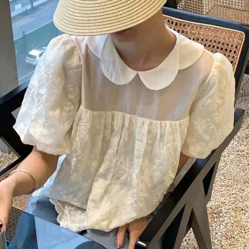 

Женская блузка шикарная Милая темпераментная Маленькая кружевная Детская рубашка новая летняя сказочная белая рубашка маленькая рубашка