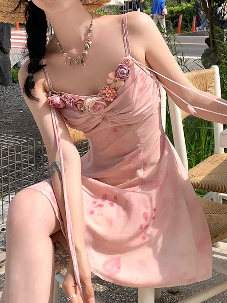 Летнее французское винтажное мини-платье на бретелях-спагетти женские платья с