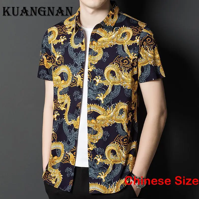 

KUANGNAN Dragon Printed Slim Fit Shirt for Men Shirts Men's Clothing Korean Style Clothes Tops Cool Blouse Sale 3XL 2023 Summer