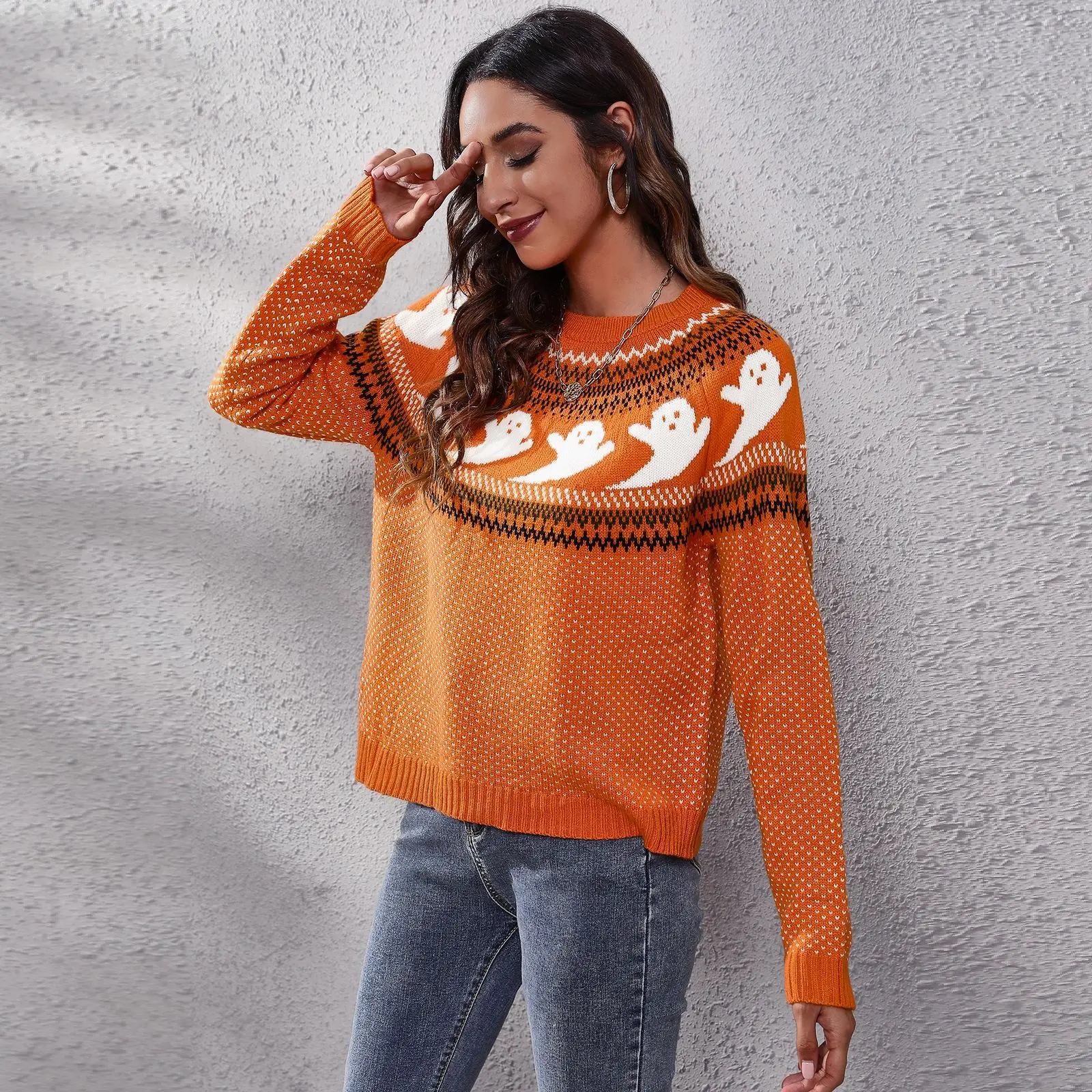 Halloween Ghost Retro Polka Dot Long-sleeved Knitted Sweater Women's Loose Autumn and Winter Women's Clothing enlarge