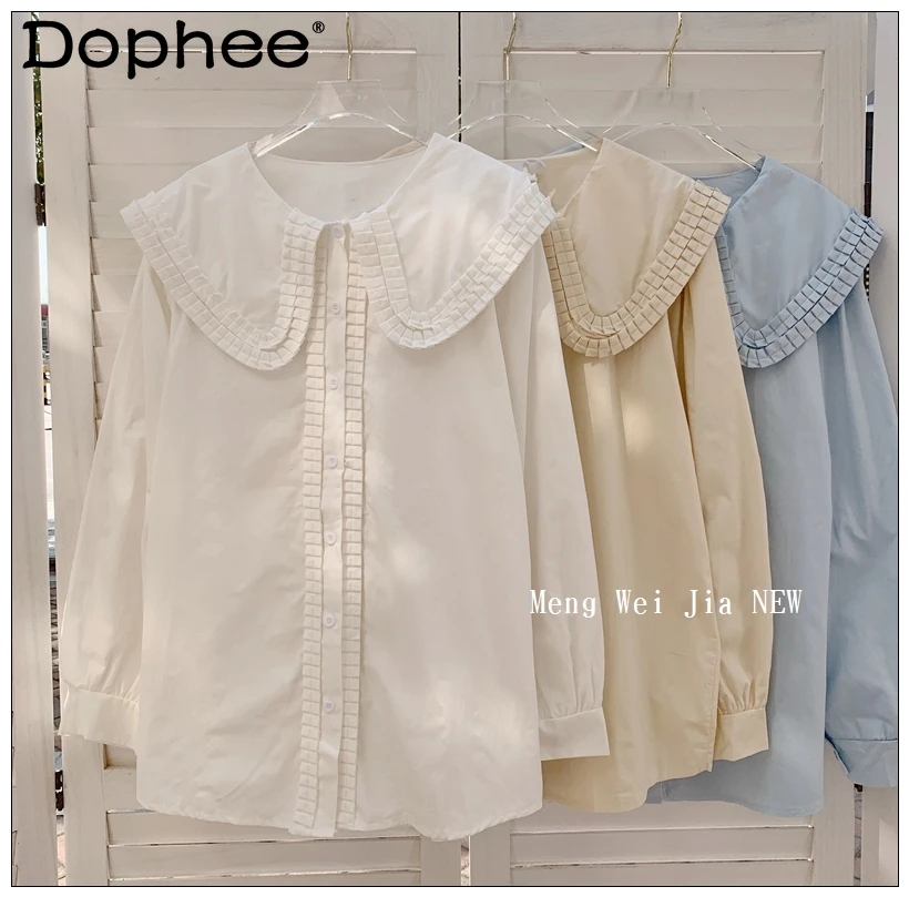 

Korean Chic Doll Collar Pleated Design High-End Shirt Women Loose Casual Solid Puff Sleeve Blouse Top 2022 Spring New Clothes
