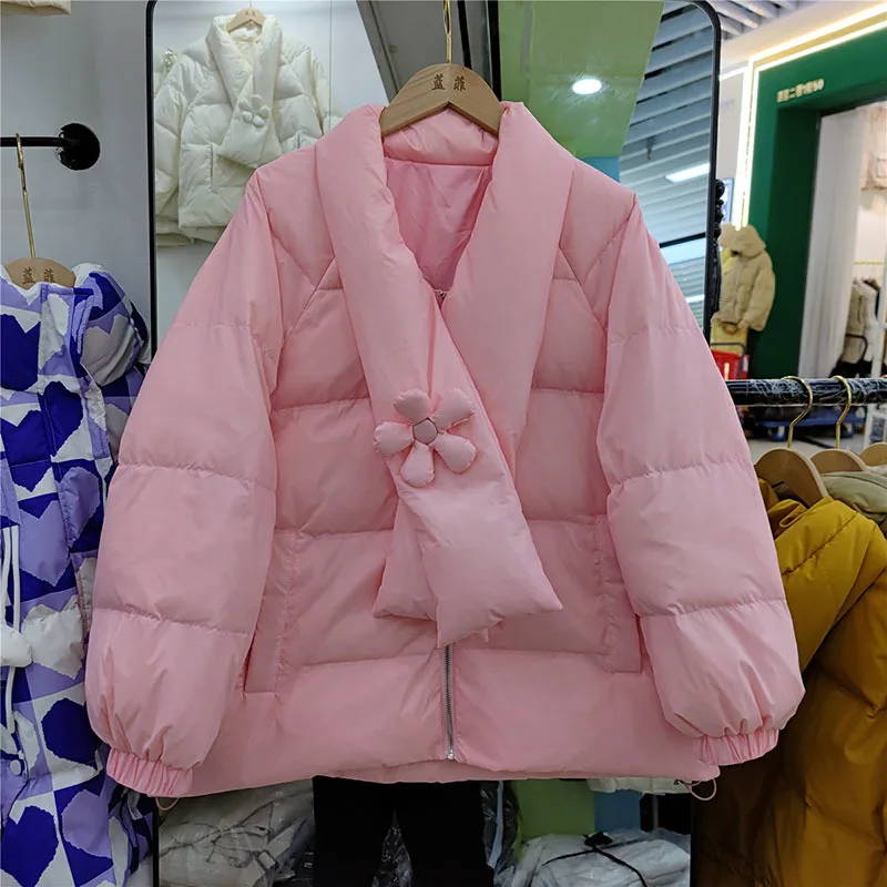 Winter Duck Down Coat Women Oversize Puffer Jacket Autumn Casual Basic Parkas with scarf new korean