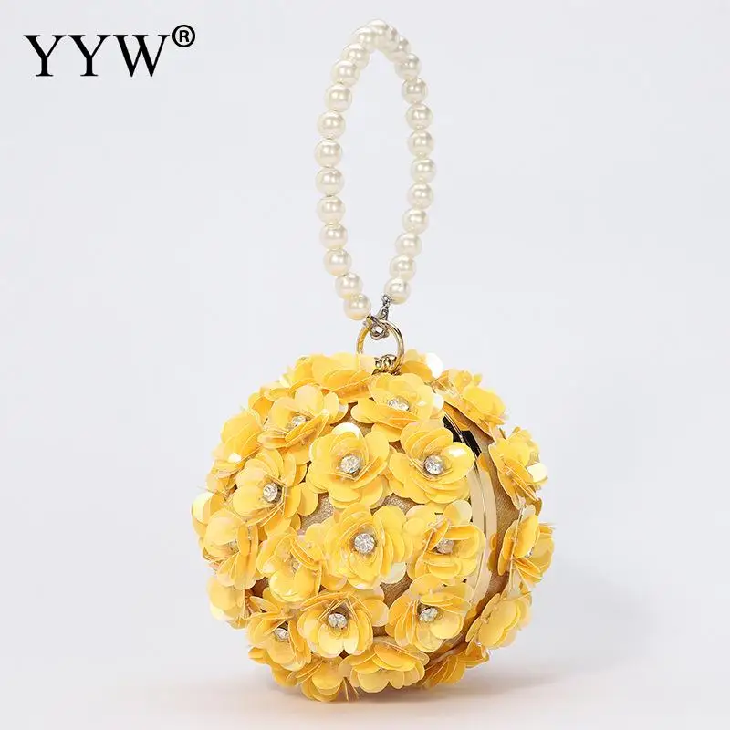 Купи Yellow Sequins Floral Evening Bags Womens 2022 New Pearl Handle Handbags Small Round Shoulder Messenger Bags With Chian Clutch за 1,354 рублей в магазине AliExpress