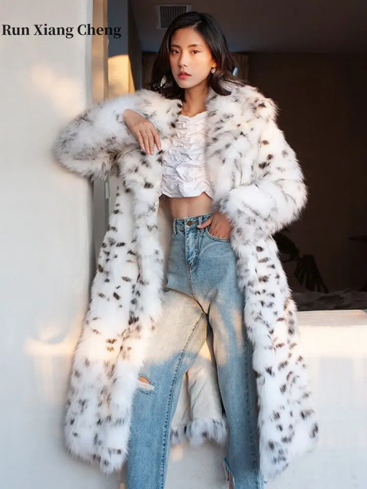 Women's Winter Jacket 2023 New Leopard Print Luxury Designer Women's Plush Jacket Long Chic and Elegant Faux Fox Fur Coat Women