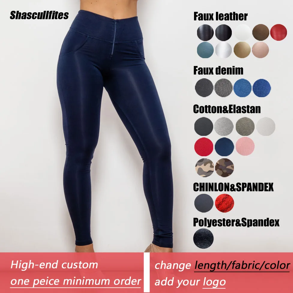 Shascullfites Tailored Navy Blue Leggings High Waist Stretchy Capri Tights Skinny Fit Pants With Zipper Up