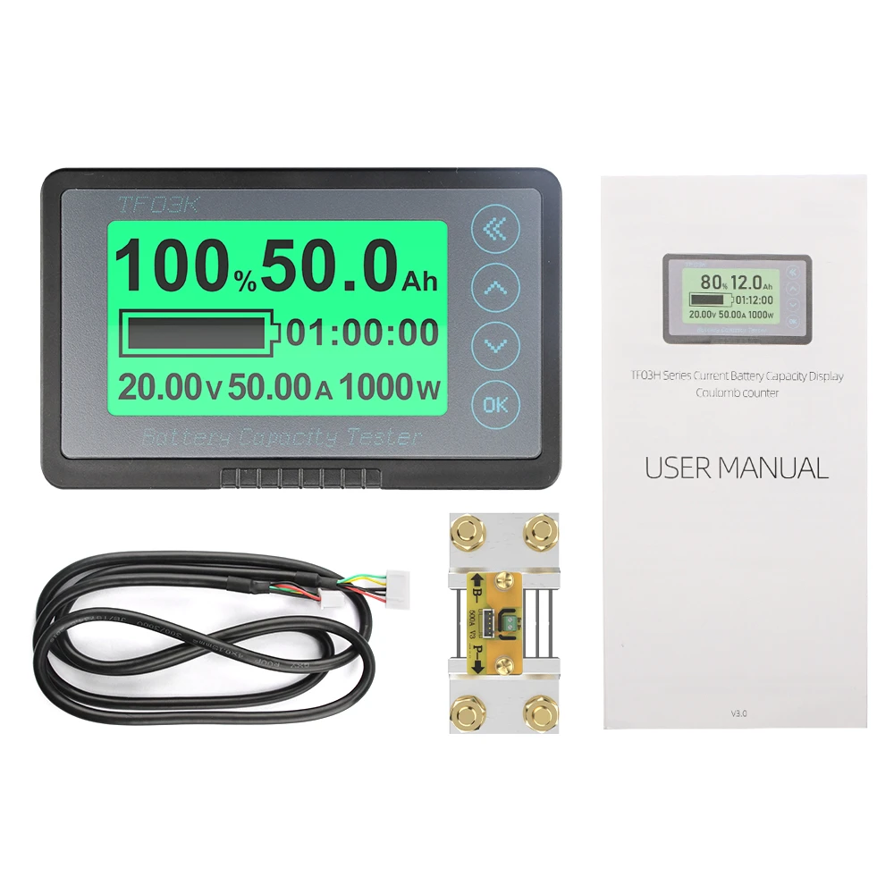 

TF03K DC8-120V 50A/100A/350A/500A Battery Capacity Tester Voltage Current Power Display Coulomb Counter with 1m Cable