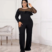 jumpsuits leaf edged mesh paneled long sleeved fashion flared trousers jumpsuit ol commuter nightclub party womens clothing