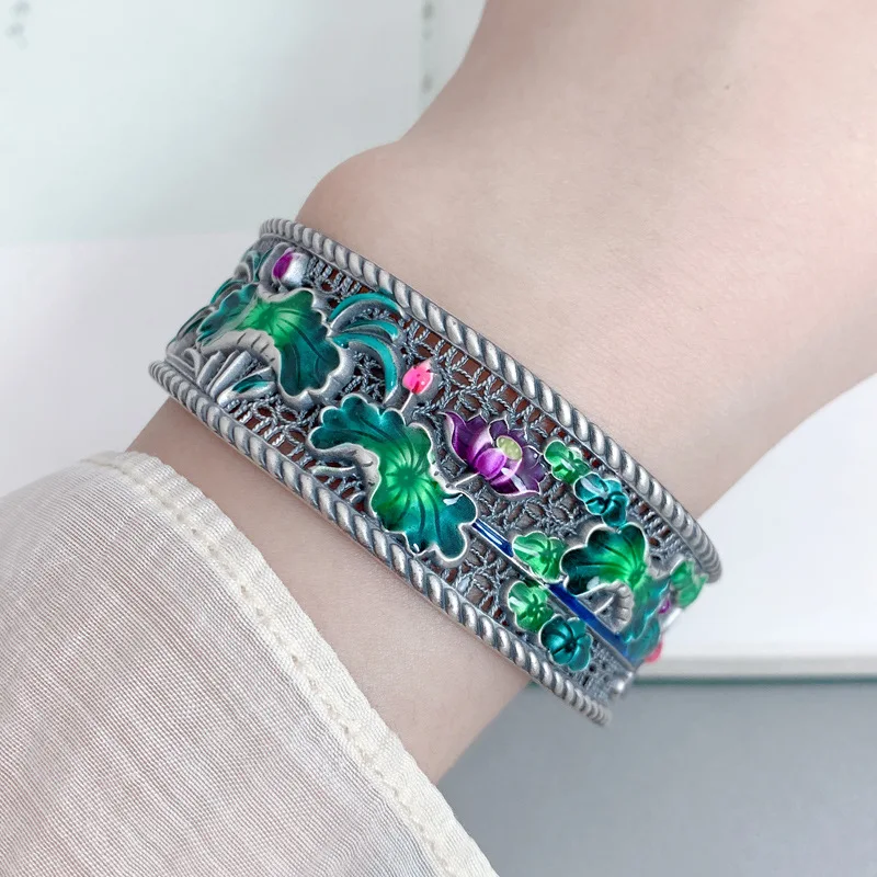 

999 Real Silver Handmade Hollow Lotus Wide Cuff Bracelet for Women Vintage Ethnic Style Enamel Color Open Bracelet Bangle SL104