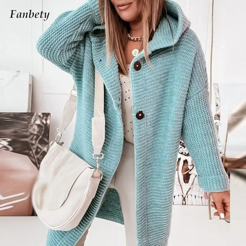 

Women Elegant Button Solid Sweaters Hooded Autumn Casual Long Sleeve Loose Sweaters Outwear 2022 Winter Fashion Cardigan Outwear