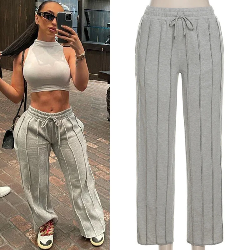 

Spring Autumn Loose Straight Tube Sports Pants Women's High Waist Drawstring Casual Wide Leg Trousers