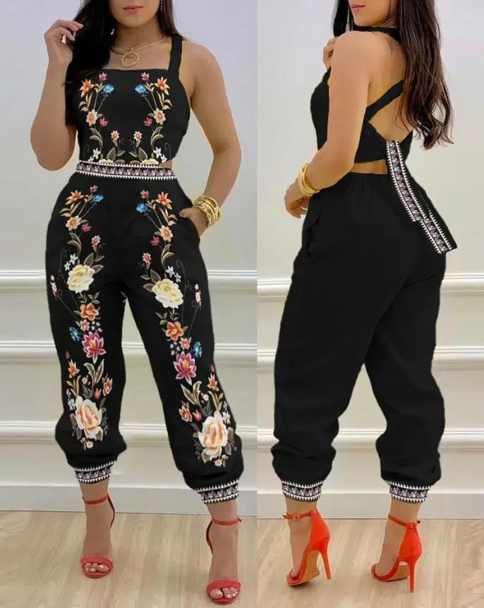 Summer New Women's Bodysuit Fashion Retro Flower Print Cross Strap Details Sexy Backless Bodysuit Street Dress