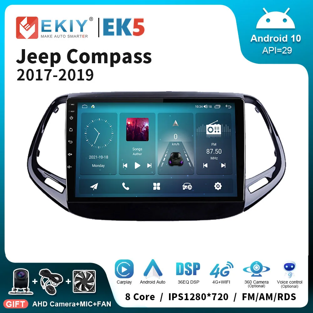 EKIY EK5 Radio de coche Android Auto para Jeep Compass 2017-2019 Reproductor de video multimedia Grabadora de cinta Navegación GPS Carplay Grabadora de cinta estéreo 4G WIFI Unidad principal