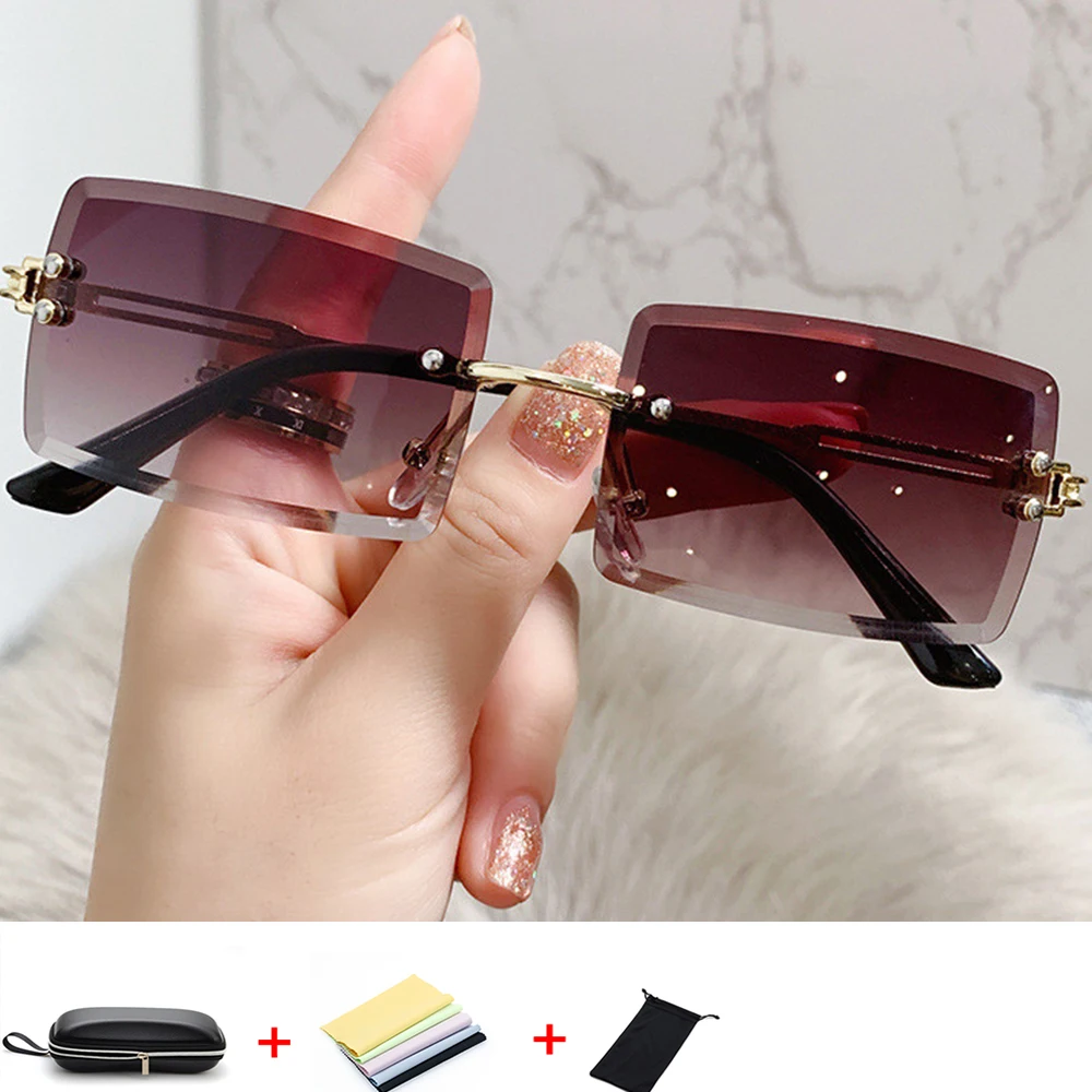 

Rimless Rectangle Sunglasses Small Men Glasses Women Metal Gold Polygon Blue Shades 2023 UV400 Frameless
