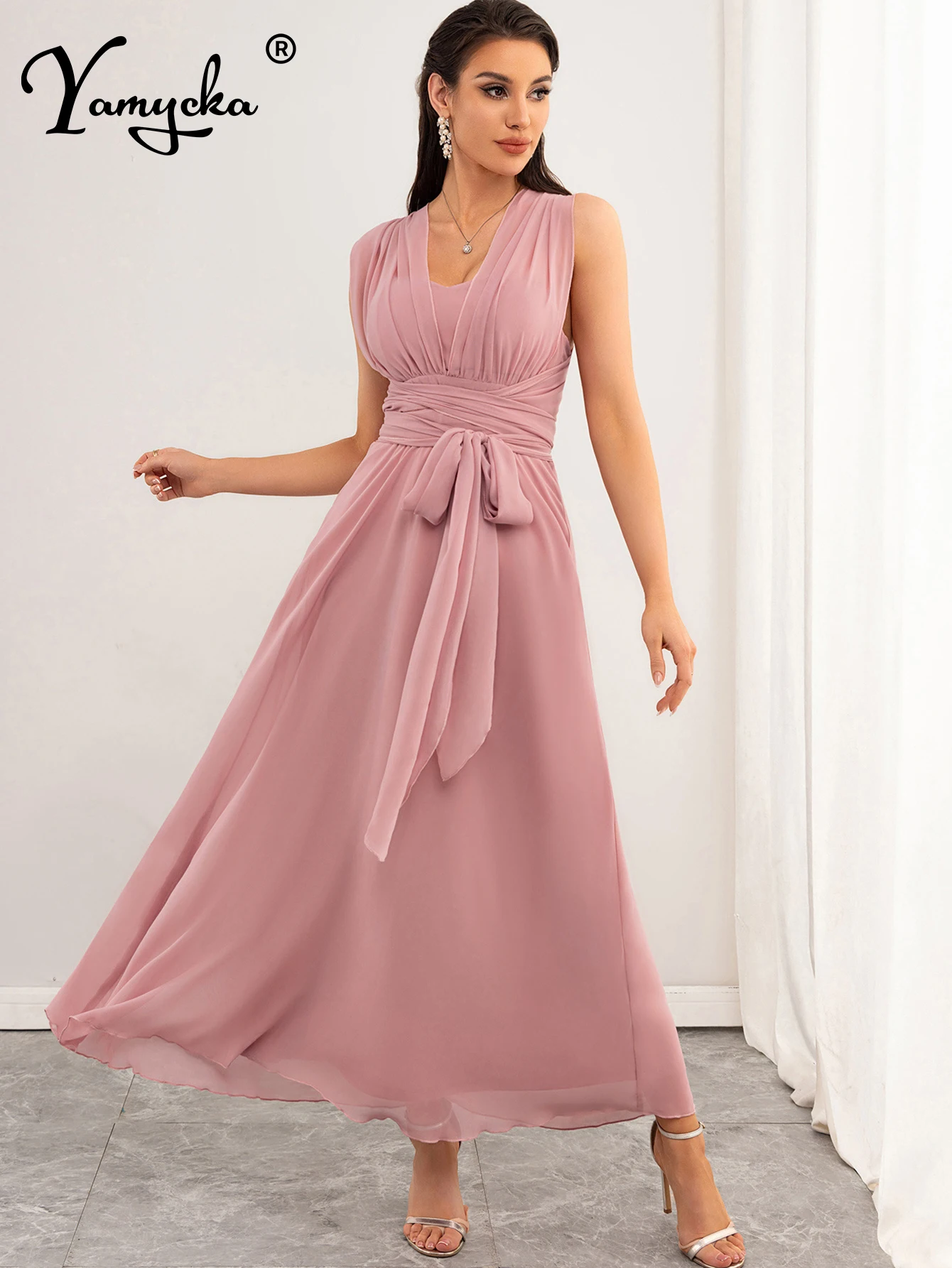 Сексуальное розовое шифоновое летнее платье макси с открытой спиной женское