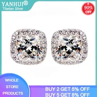 yanhui luxury 2 ct zirconia imitation diamond earrings jewelry tibetan silver fashion double stud earrings for women