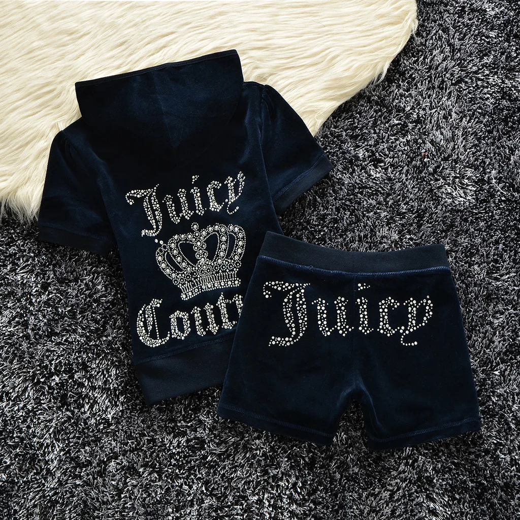 

Juicy Coutoure Summer Shorts 2pc Crystal Crown Decoration Three-Dimensional Hooded Short Sleeve Jacket Sexy Casual Loose Shorts
