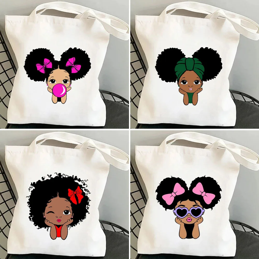 

Black Girl Cute Hairstyle African Princess Puffs With Crown Queen Cartoon Character Tote Women Canvas Shoulder Shopping Bag