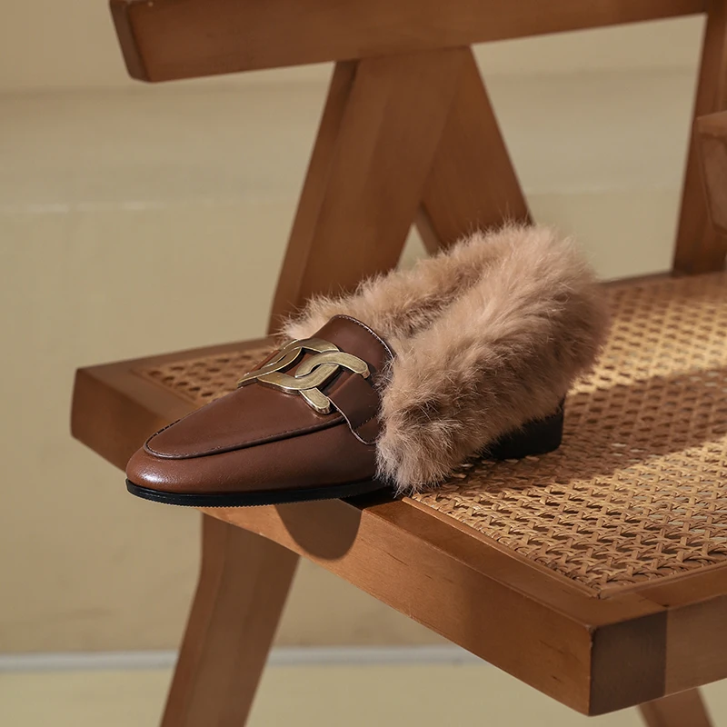 MythLuo Mules Shoes For Women Flat Loafers shoes Genuine Leather With Rabit Fur Round Toe With CHAIN Low Heels  Loafer Shoes